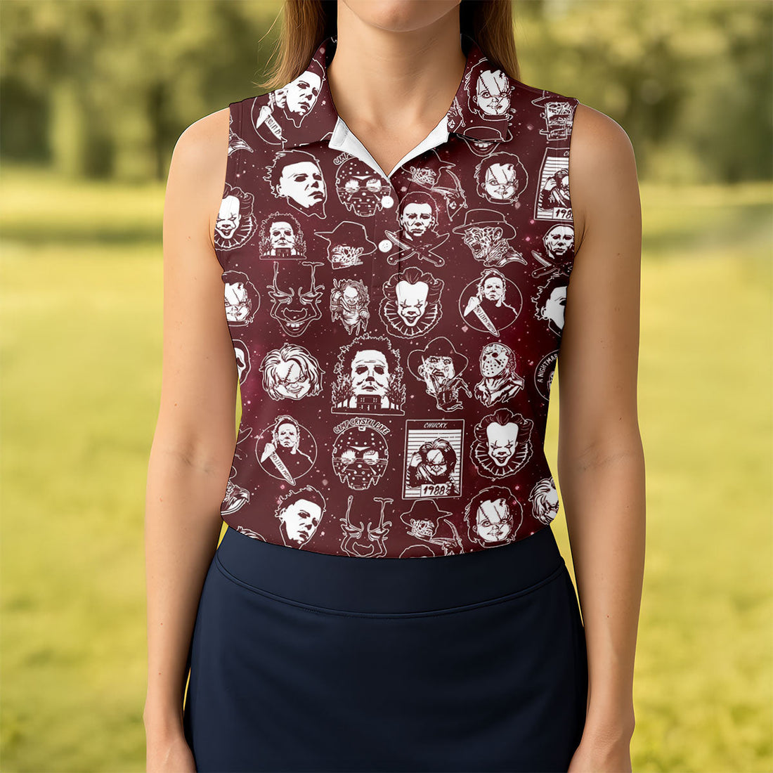 Vintage Halloween Horror Character Pattern Golf Shirt, Women's Golf Polo, Printed Golf Shirt