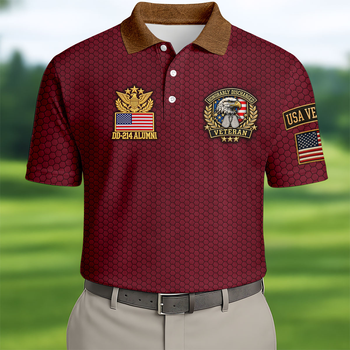 DD-214 Burgundy Honeycomb Veteran Polo Shirt, Veterans Day Shirt, Golf Shirts For Men