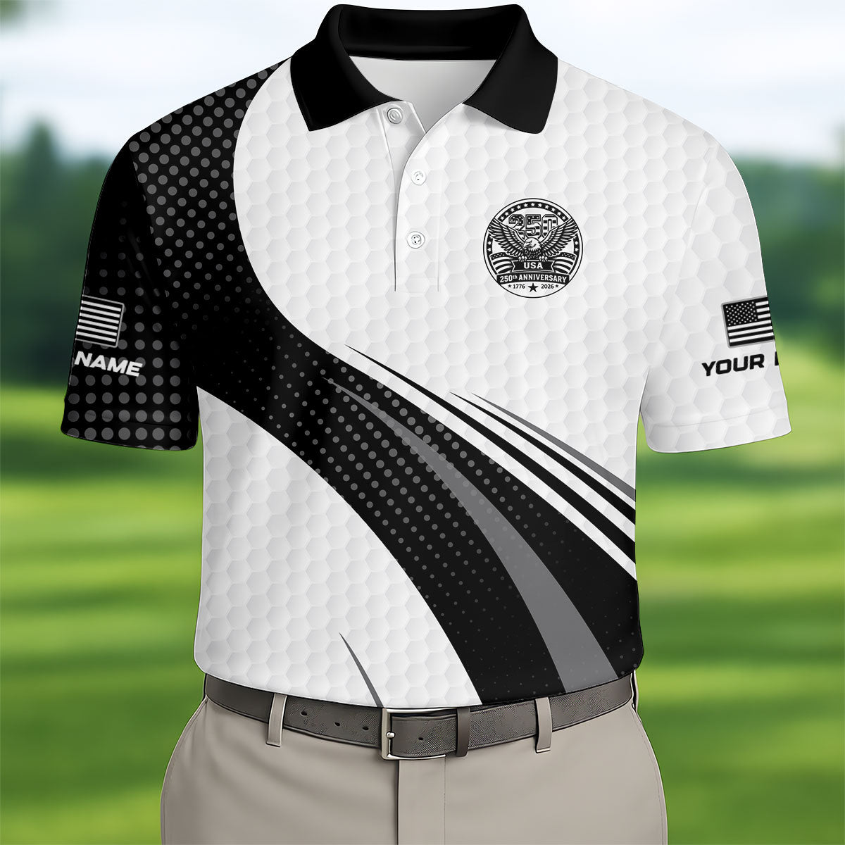 USA 250th Anniversary Black And White Golf Ball Pattern Golf Tops For Men, Patriotic Golf Shirts For Men