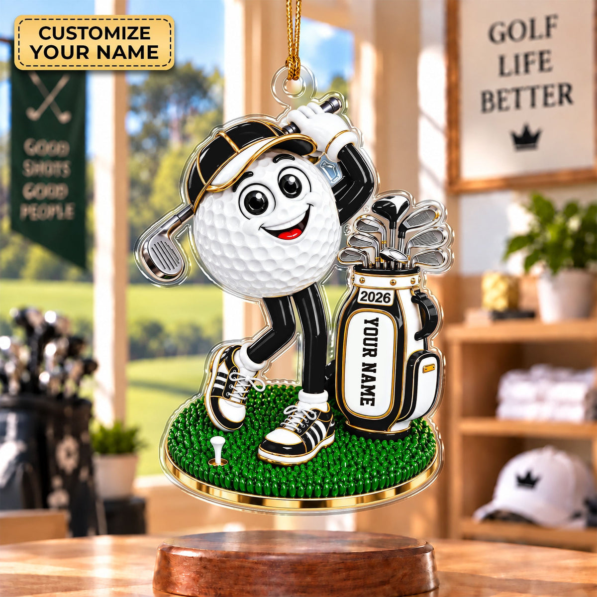 Custom Name Golf Ball Mascot Acrylic Ornament, Christmas Ornaments, Gifts For Golfers