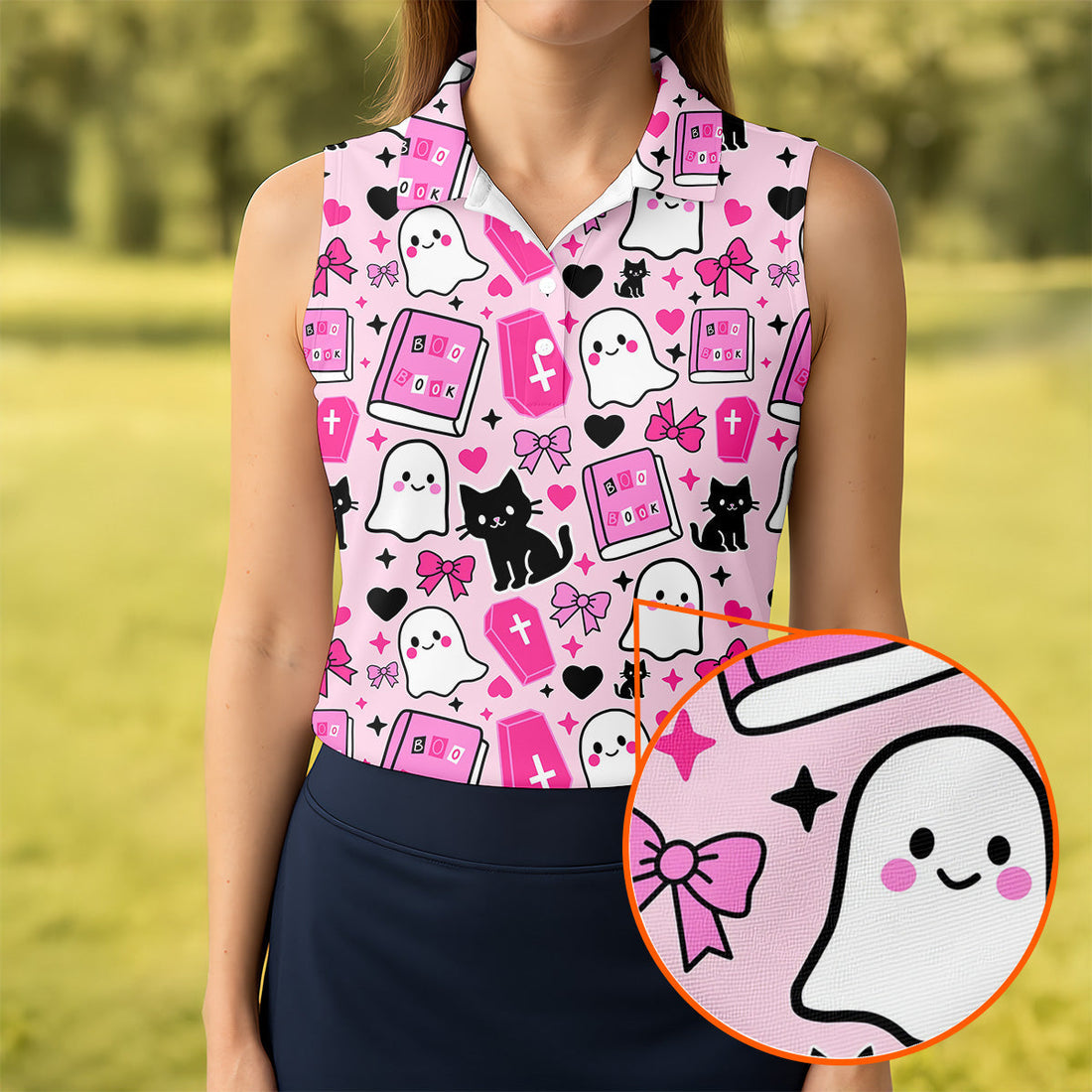 Halloween Boo And Cat Coquette Pink Women Golf Top, Cute Golf Outfit, Ladies Golf Shirts