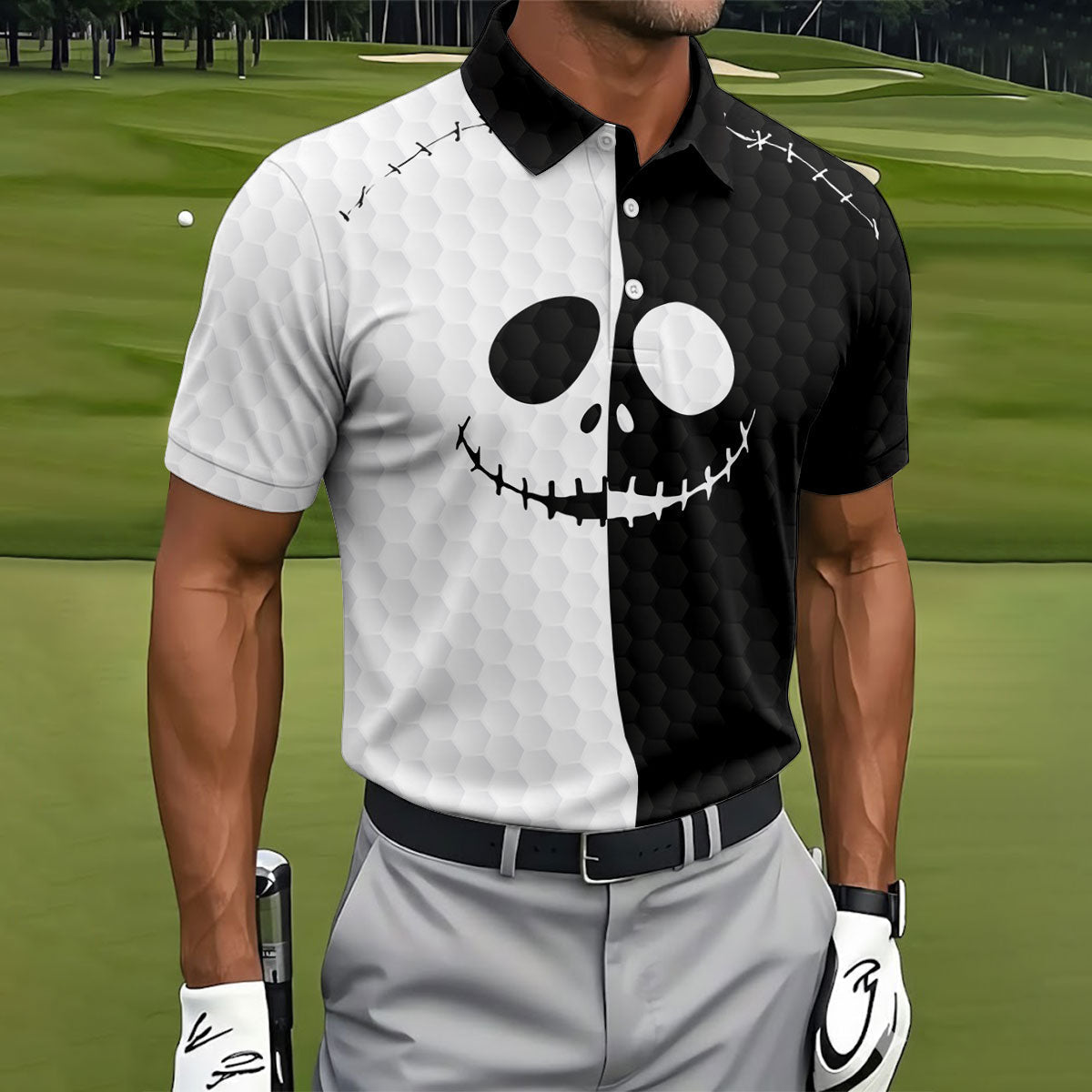 Black White Skull Face Halloween Golf Polo Shirt, Mens Golf Shirts, Golf Polo Shirts For Men