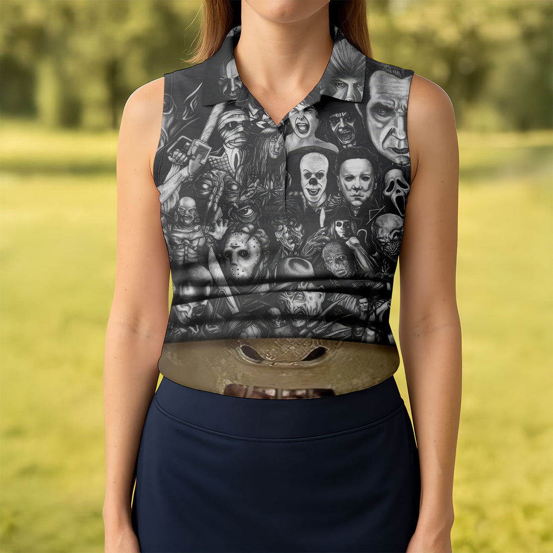 Muzzle Mask Horror Character Halloween Polo Shirt, Women’s Golf Apparel, Ladies Golf Top
