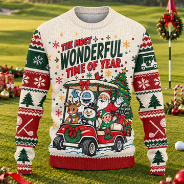 Most Wonderful Time Golf Cart Ugly Christmas Sweater, Holiday Sweaters, Golf Gifts