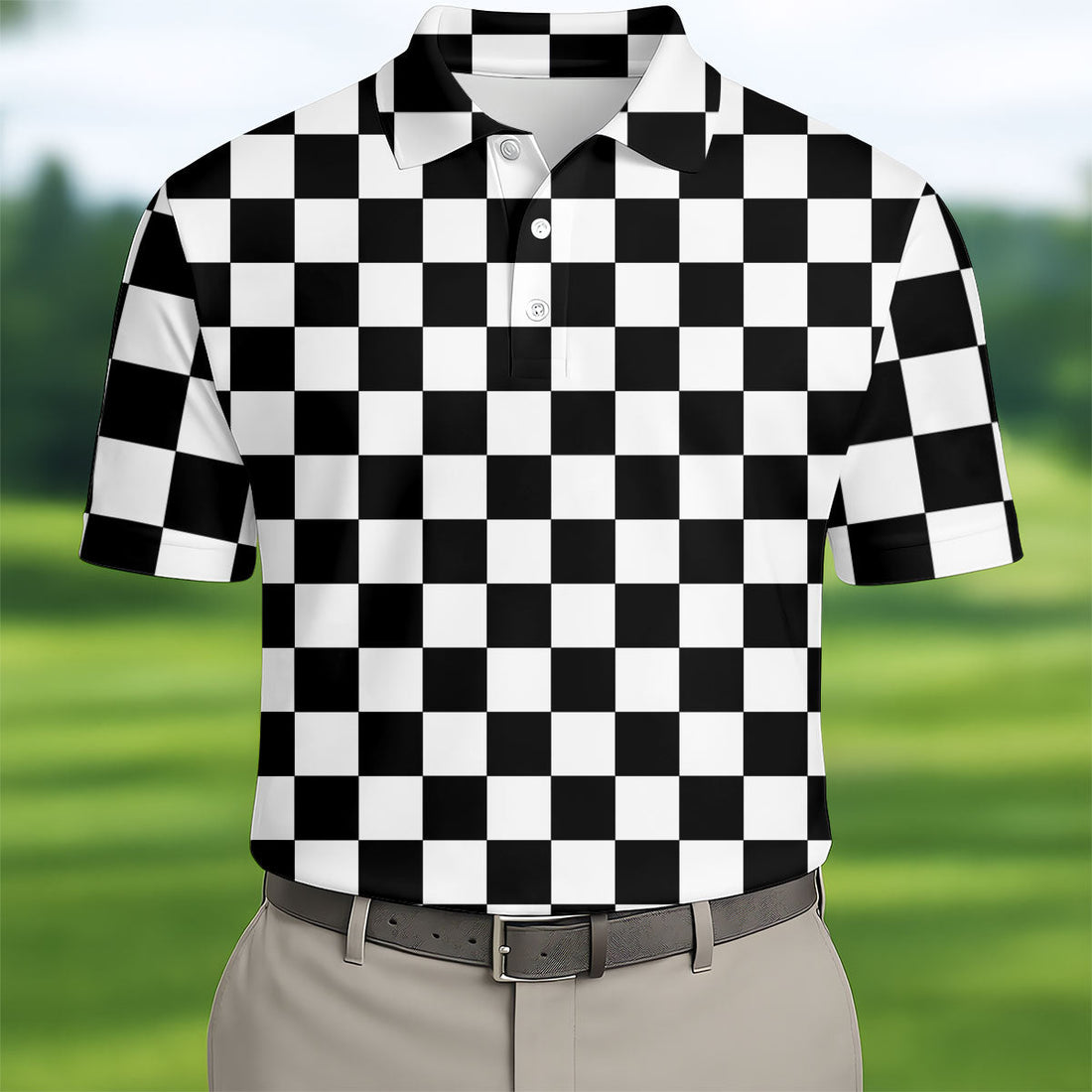 Black White Checkerboard Golf Shirt, Racing Flag Men's Golf Polo, Polo Shirts For Men
