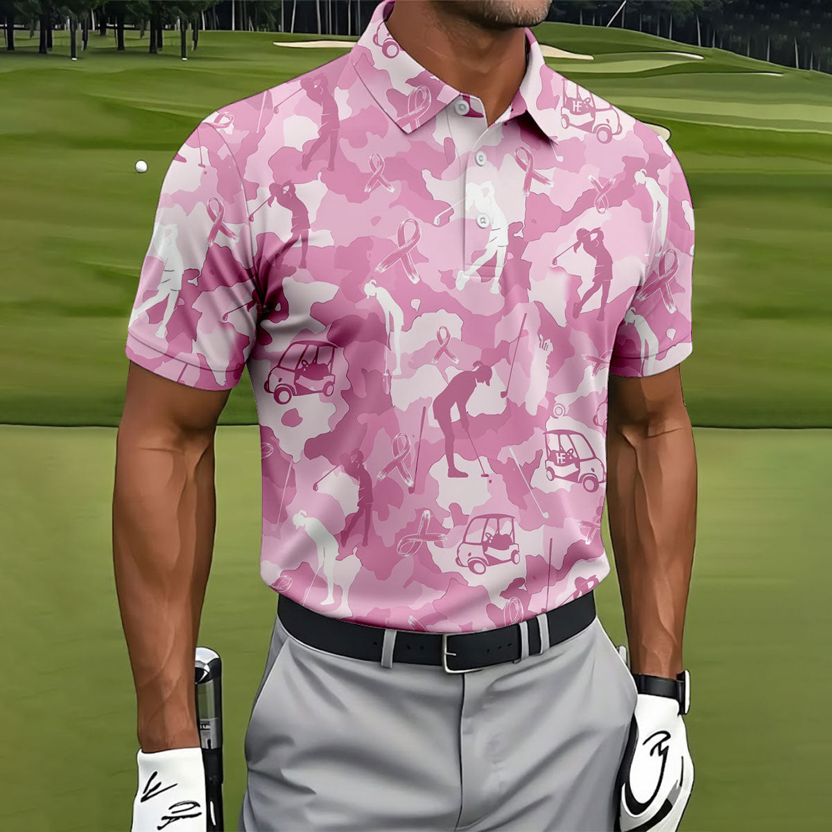 Pink Camo Golfer Breast Cancer Ribbon Polo Shirt, Golf Shirts For Men, Mens Golf Apparel