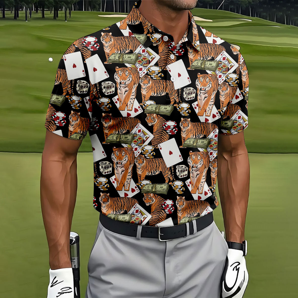 Money Tiger Poker Dice Chips And Cards Hawaiian Golf Shirt, Men's Funny Golf Shirts