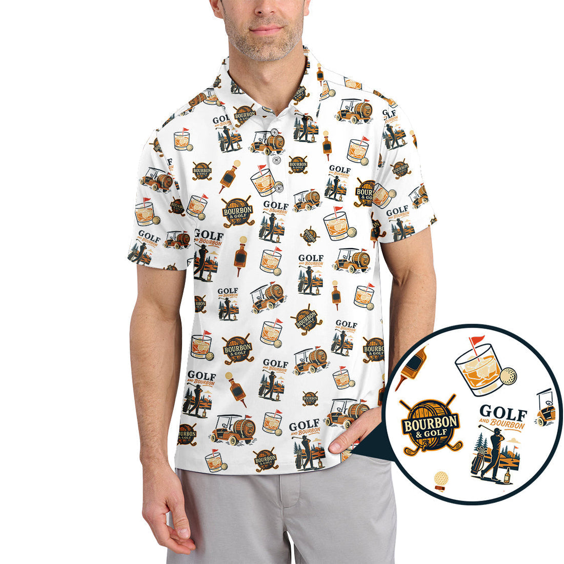 Bourbon Whiskey & Golf Polos, Funny Pattern Golf Shirt, Golf Gift For Men's