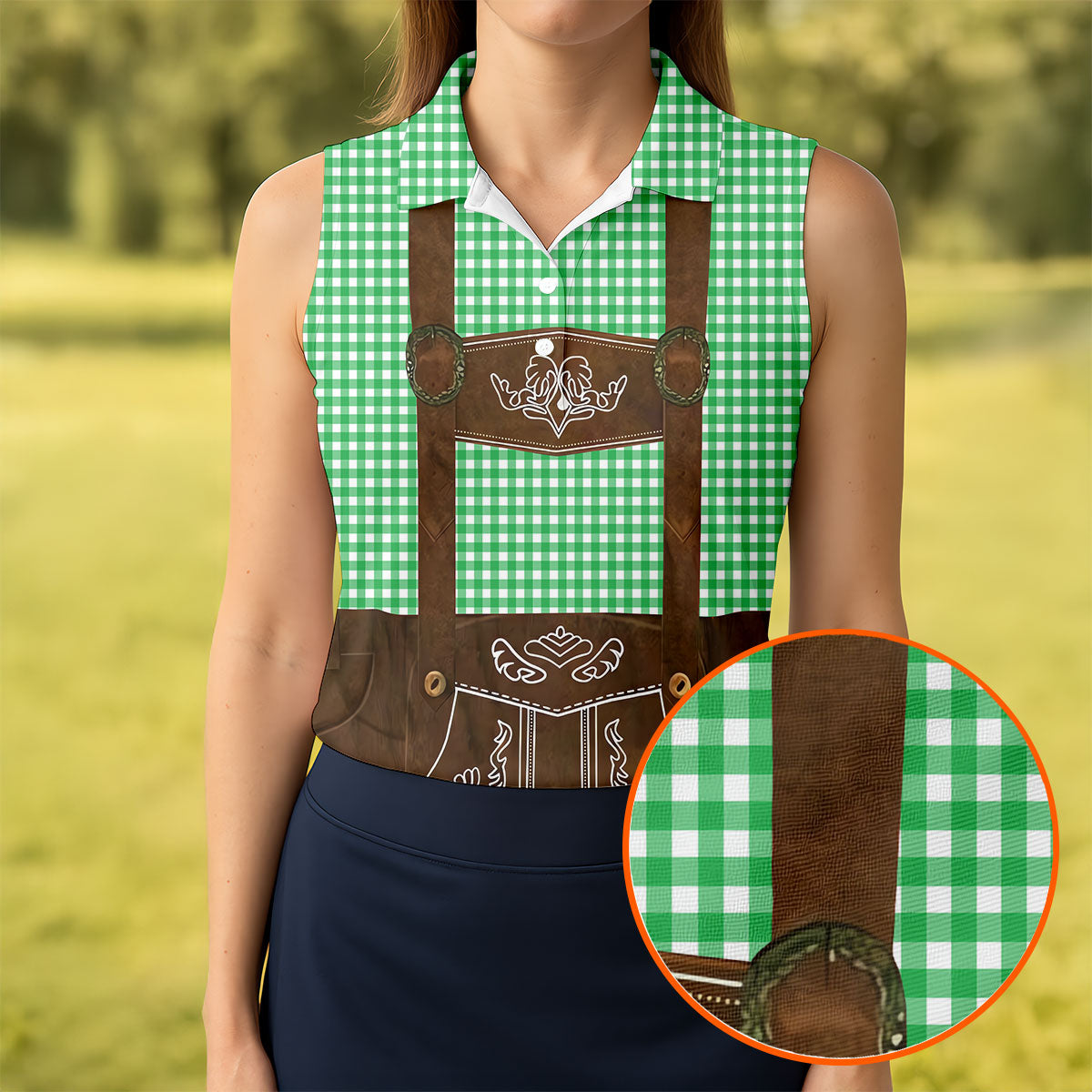 Women's Green Oktoberfest Lederhosen Illusion Sleeveless Golf Polo, Ladies Golf Top, Golf Polo For Women