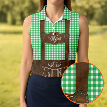 Women's Green Oktoberfest Lederhosen Illusion Sleeveless Golf Polo, Ladies Golf Top, Golf Polo For Women
