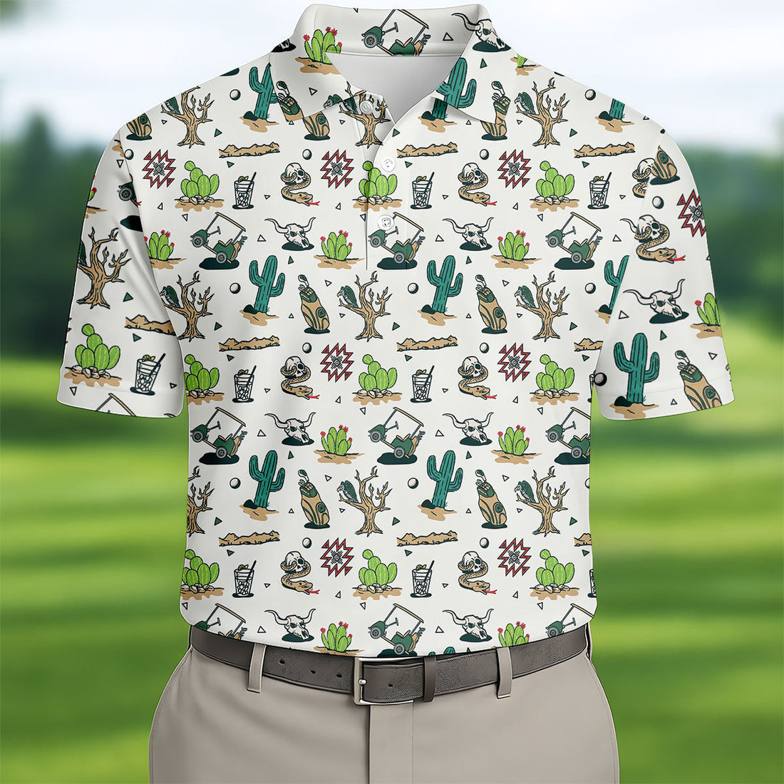 White Desert Golf Icons Pattern Golf Polo Shirt, Hawaiian Golf Shirt, Golf Polo Shirts For Men