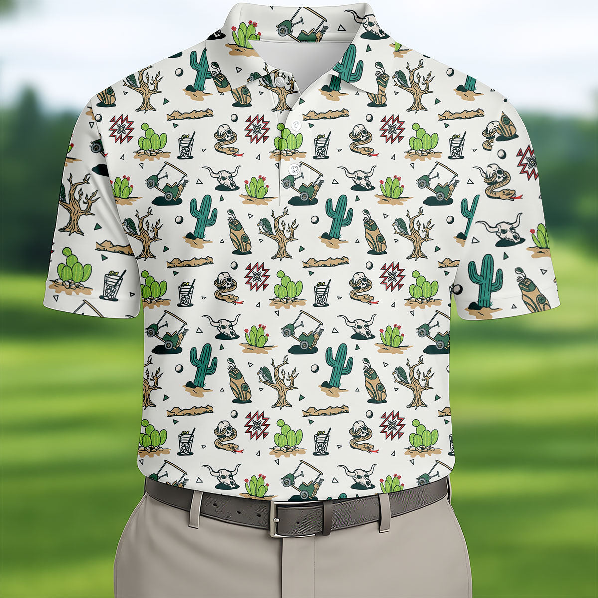 White Desert Golf Icons Pattern Golf Polo Shirt, Hawaiian Golf Shirt, Golf Polo Shirts For Men