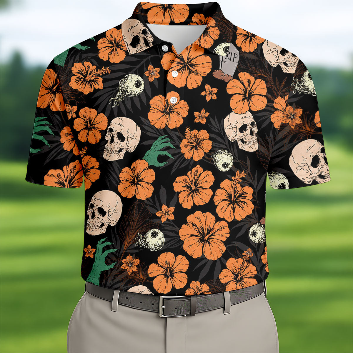 Halloween Skull Hibiscus Floral Pattern Golf Polo Shirt, Golf Polo Shirts For Men, Mens Golf Apparel