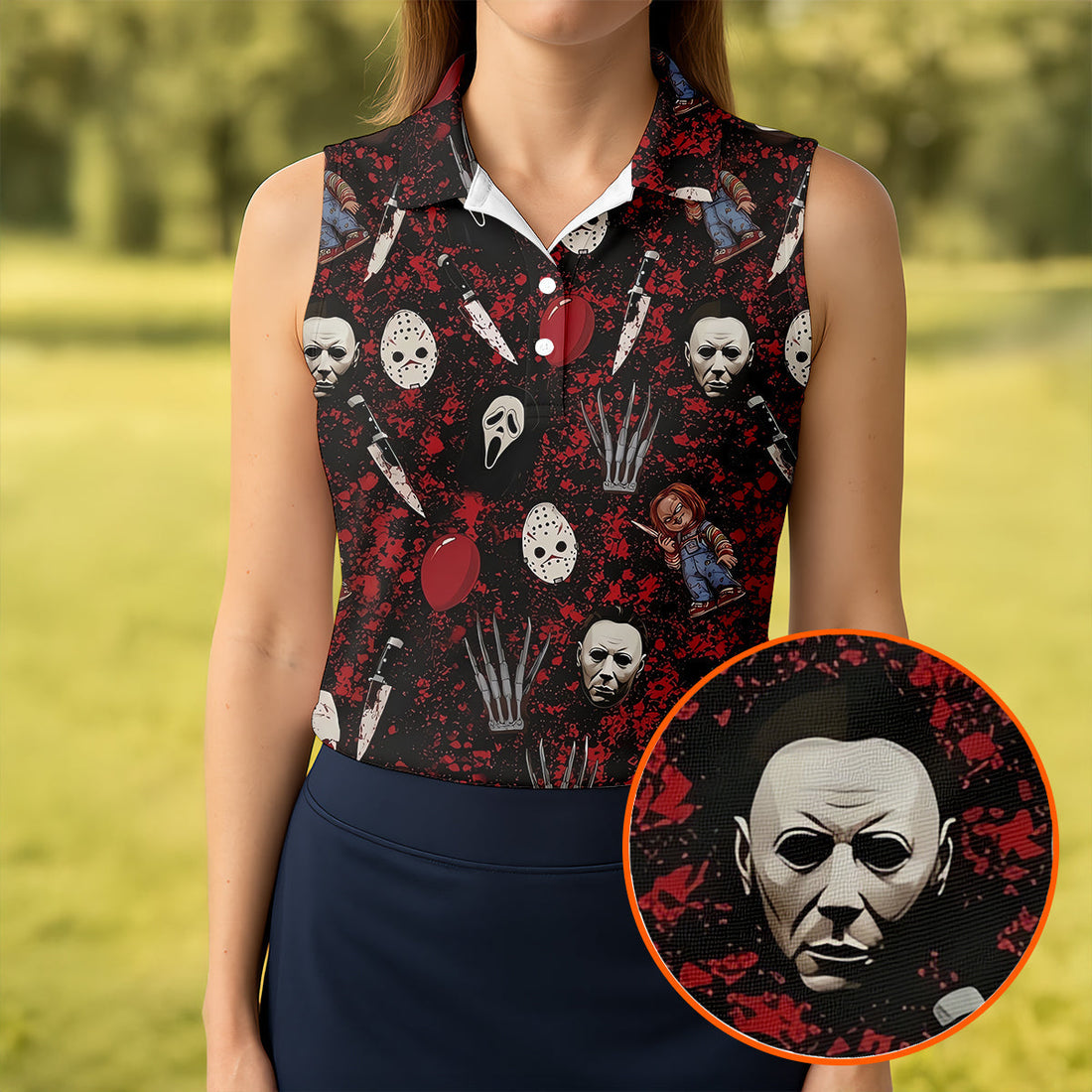 Halloween Horror Character Mask Pattern Hawaiian Golf Shirt, Women's Golf Tops, Golf Polo For Women