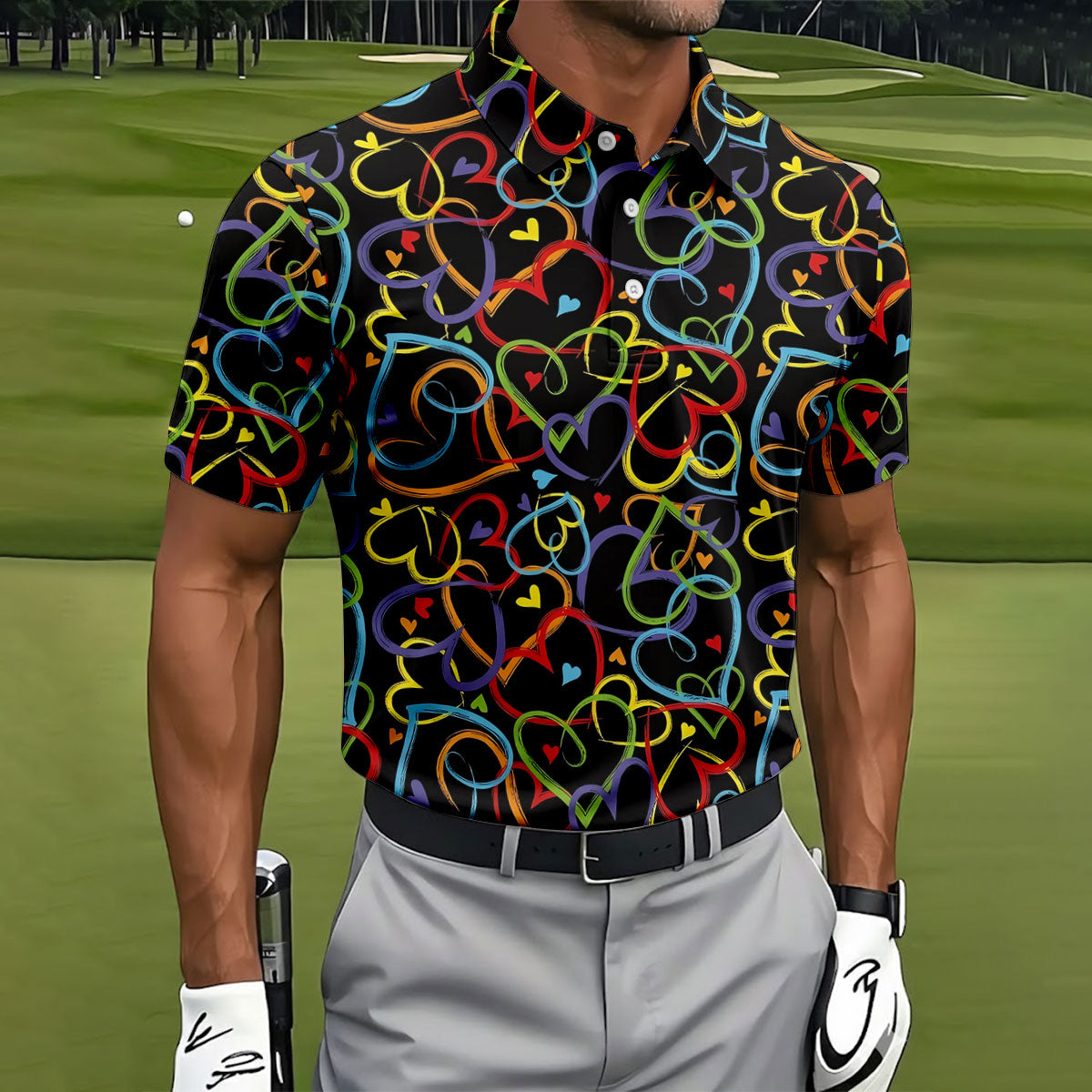 Colorful Heart Outline Pattern Golf Polo Shirt, Golf Polo Shirts For Men, Mens Golf Apparel