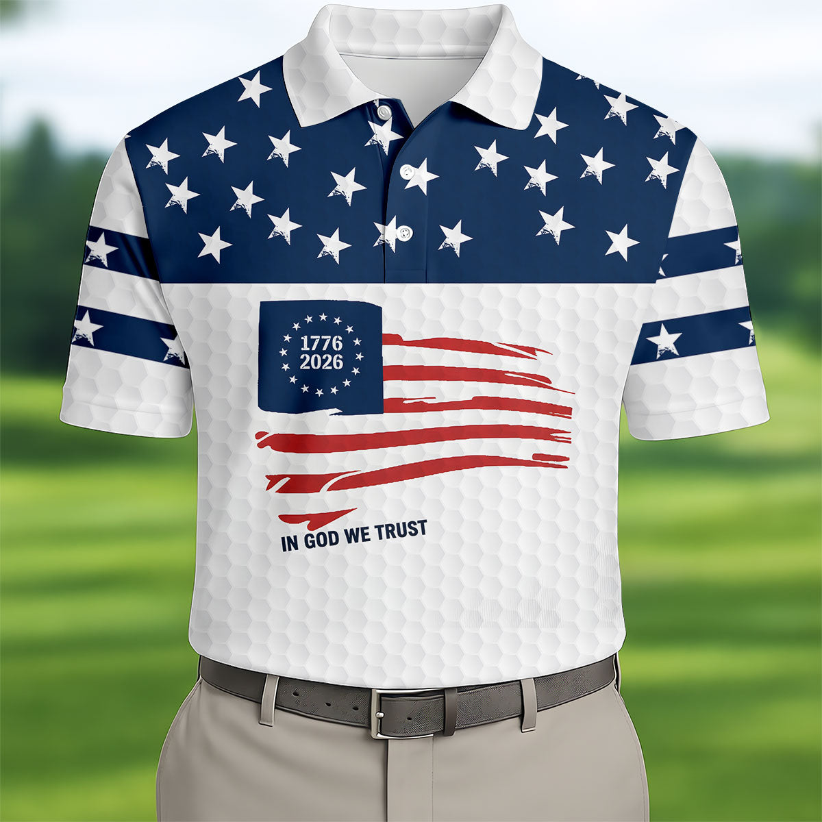 In God We Trust Golf Ball Pattern US Flag Golf Shirt, 250 Years 4th Of July Golf Shirts For Men