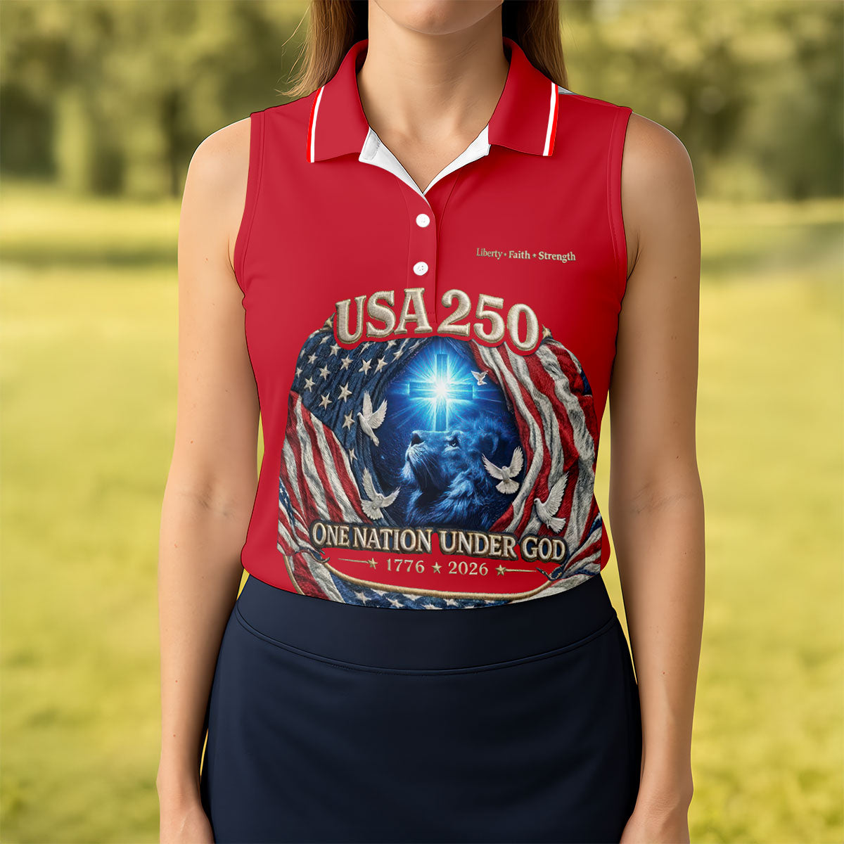 One Nation Under God Faith Cross USA 250 Red Golf Shirt, 4th Of July Golf Shirt For Women