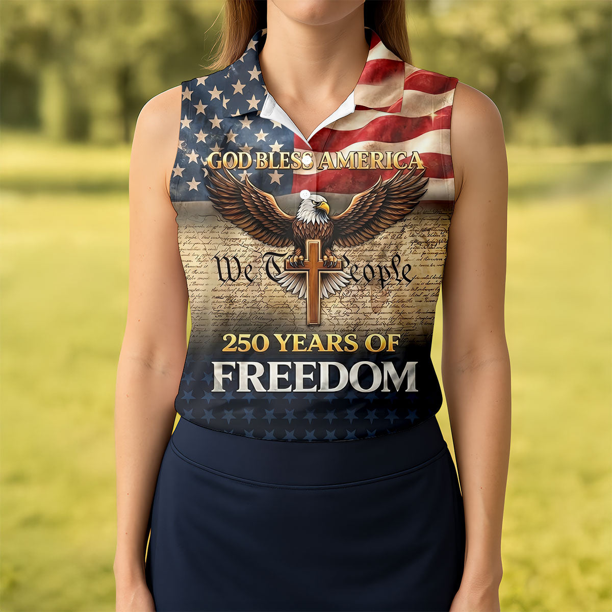 God Bless America 250 Years Of Freedom Retro Golf Shirt, Patriotic 4th Of July Golf Shirt For Women