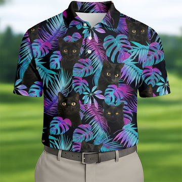 Funny Black Cat Purple Blue Gradient Hawaiian Golf Shirt, Golf Shirts For Men