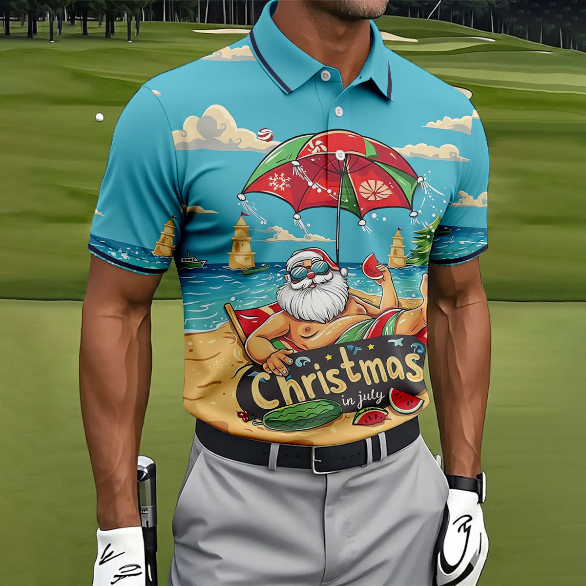 Christmas In July Santa Beach Christmas Golf Shirt, Men's Golf Shirt, Hawaiian Golf Shirt, Printed Golf Shirts