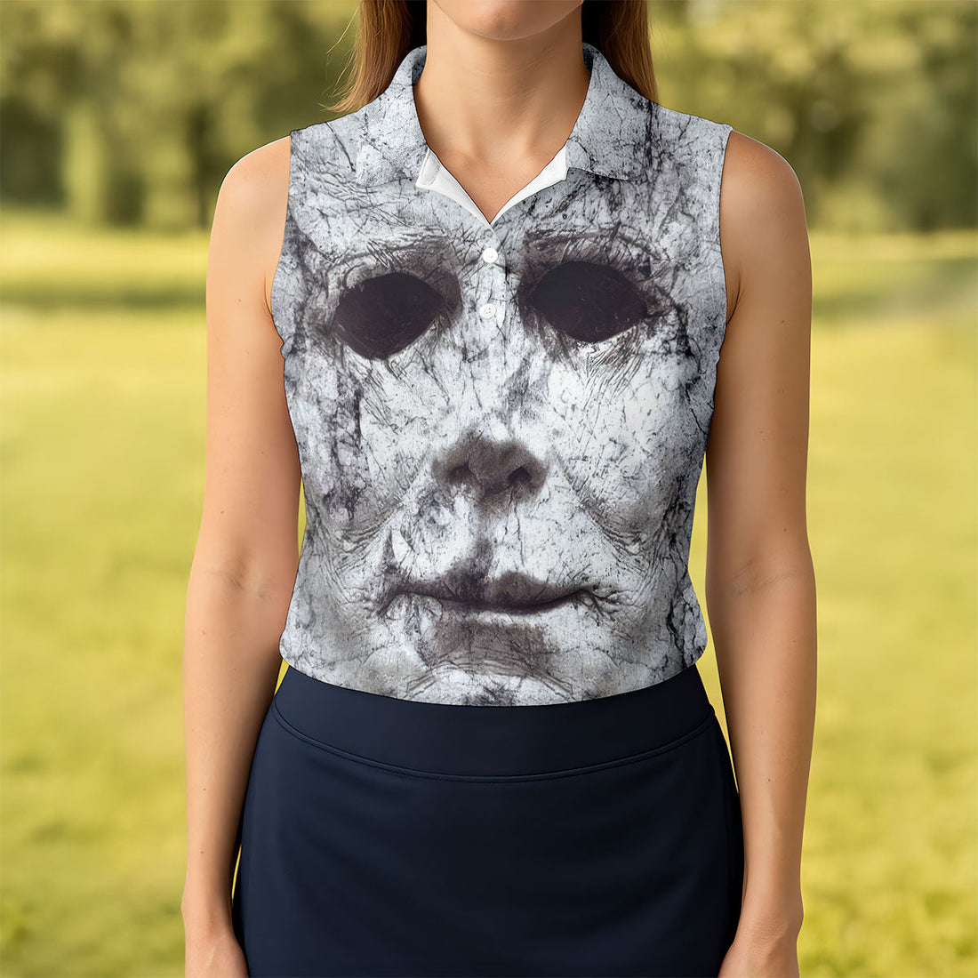 Halloween Michael Myers Horror Face Ladies Golf Polos, Horror Cosplay Women's Golf Tops, Halloween Golf Shirt