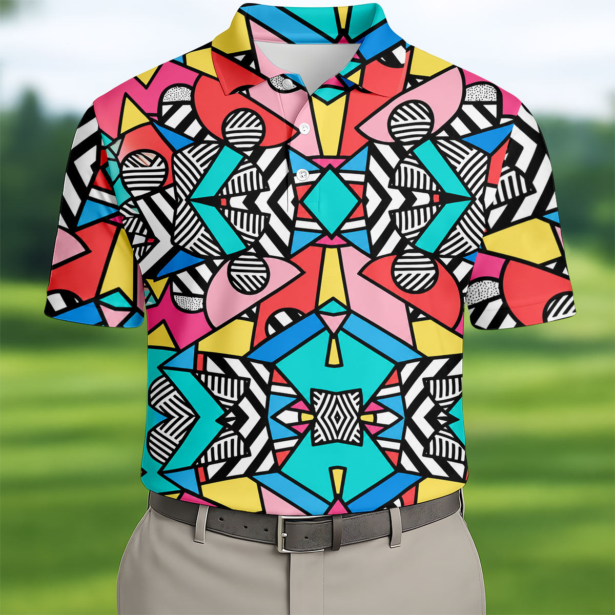 Abstract Geometric Pop Art Golf Polo Shirt, Men's Golf Shirt, Mens Golf Apparel