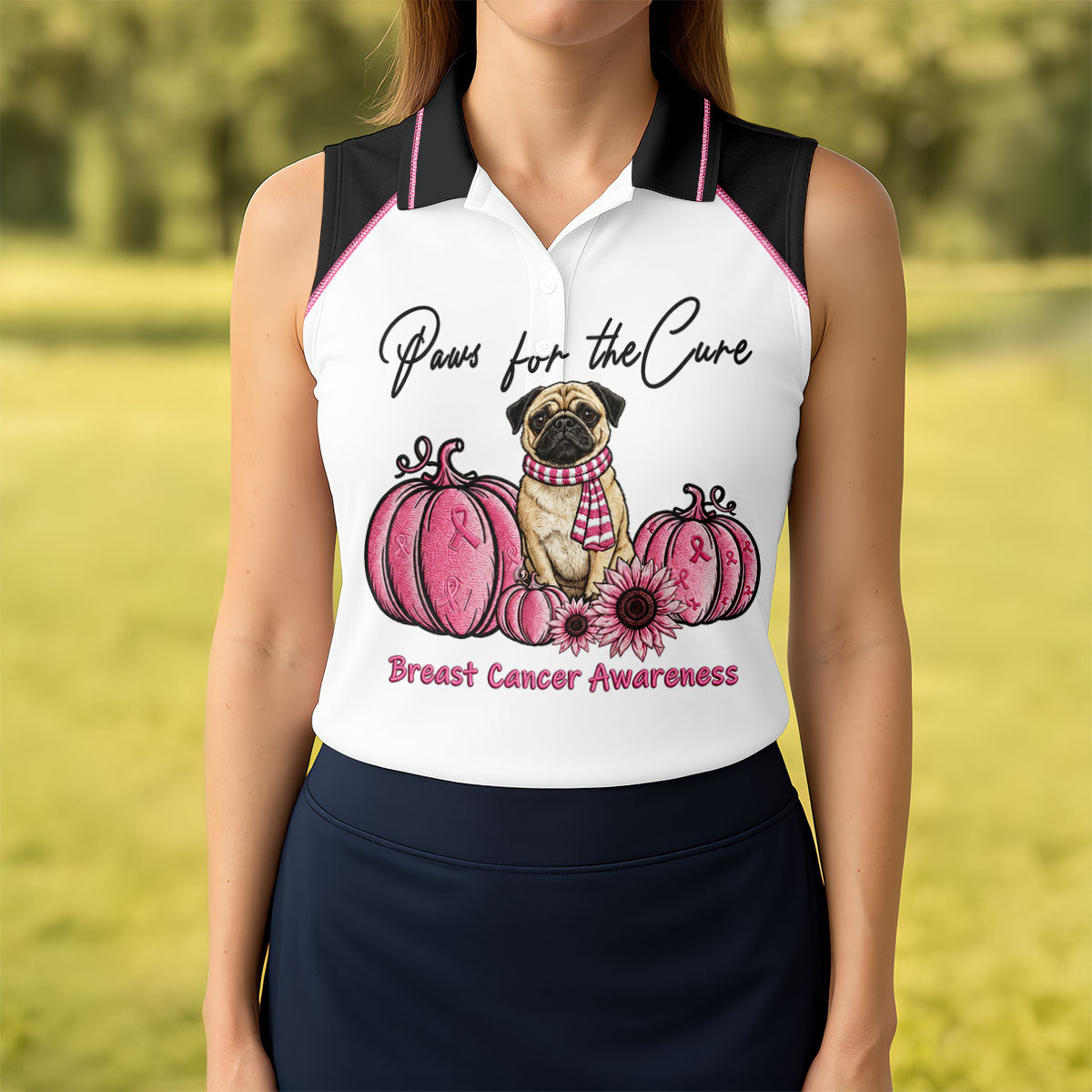 Paws For The Cure Pug Breast Cancer Polo Shirt, Ladies Golf Shirt, Women's Golf Tops