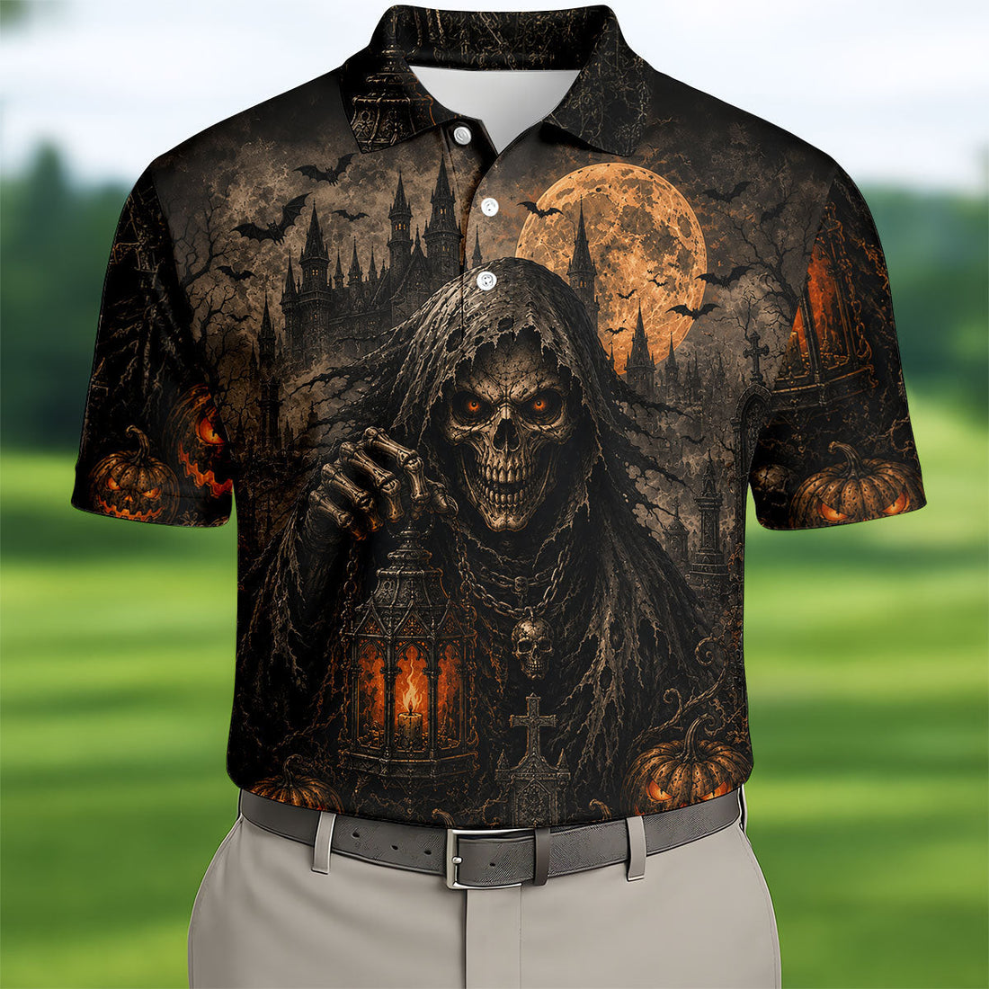 Grim Reaper Lantern Halloween Horror Character Polo Shirt, Mens Golf Polo, Mens Golf Apparel