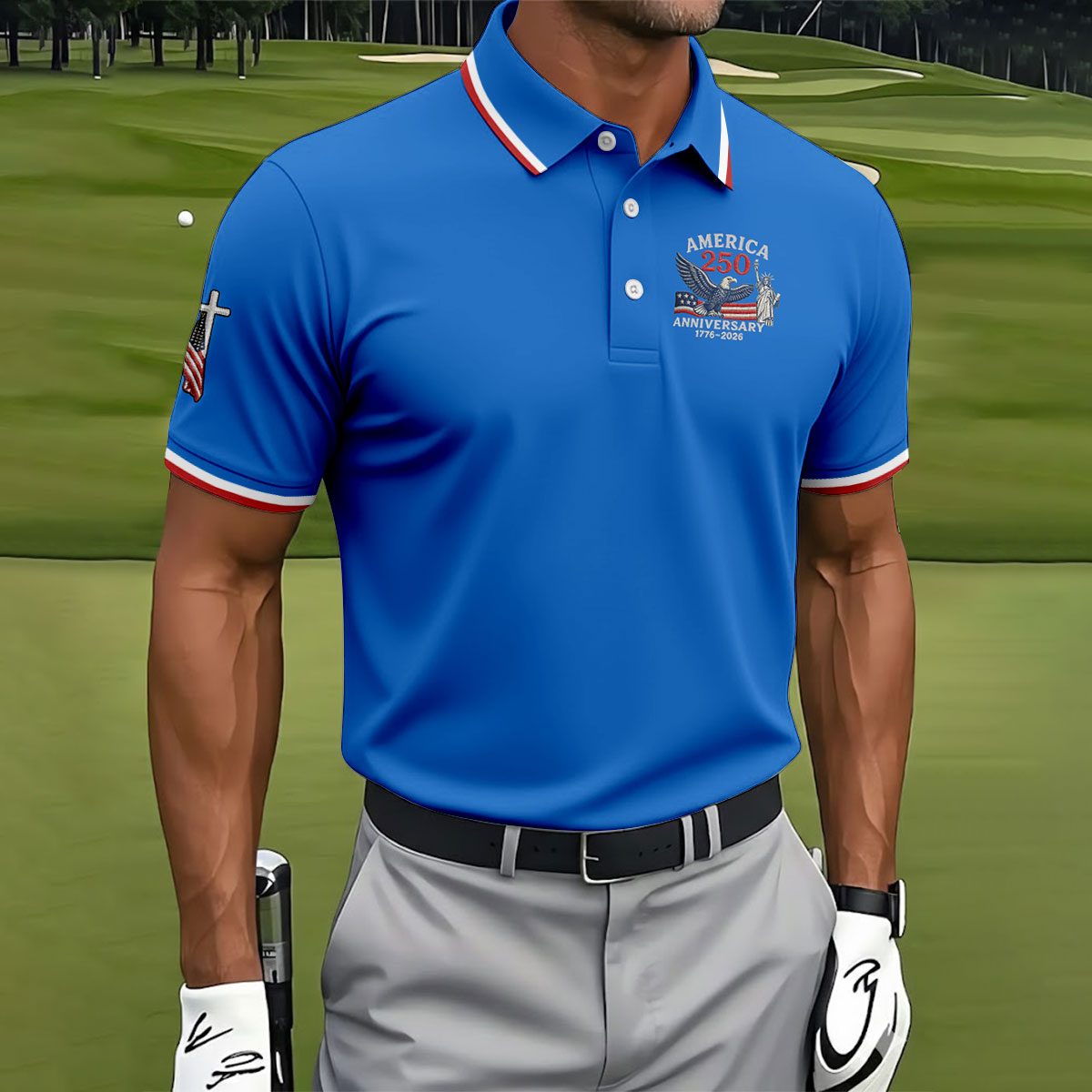 Faith Cross Bald Eagle America 250 Anniversary Blue Patriotic Golf Shirt, Golf Shirts For Men