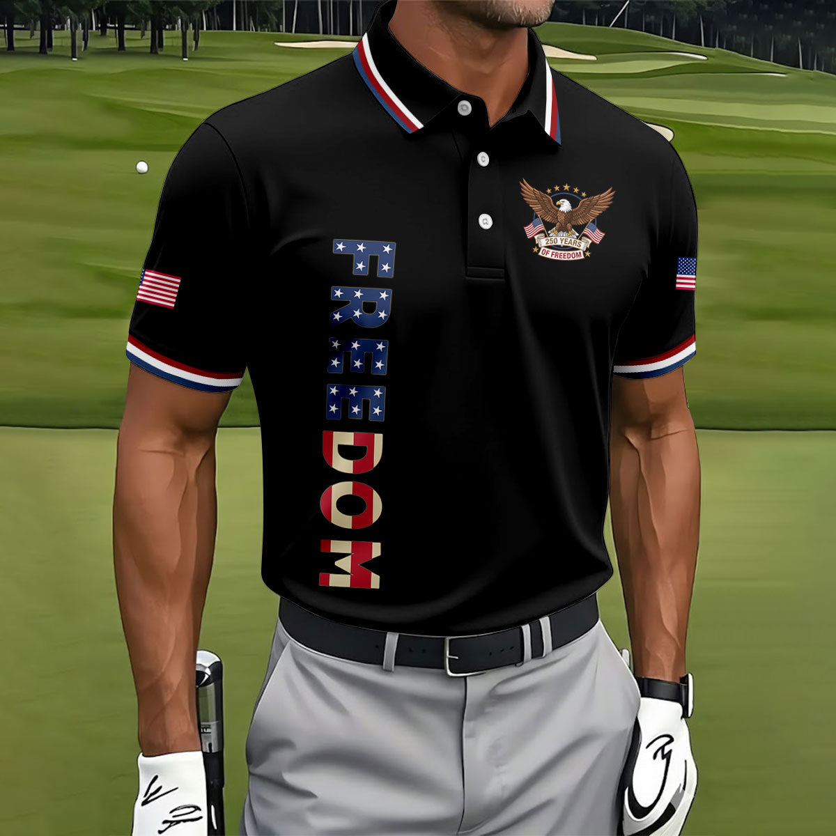 250 Years Of Freedom US Flag Logo Black Golf Shirt, Patriotic 4th Of July Golf Shirts For Men