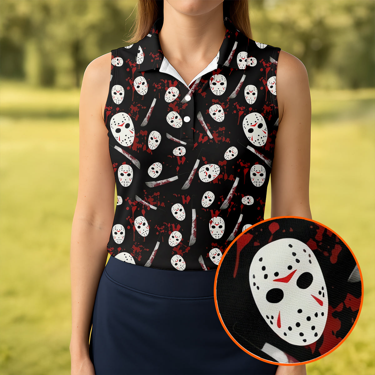 Hockey Mask Blood Pattern Halloween Golf Polo Shirt, Ladies Golf Tops, Golf Shirts For Women