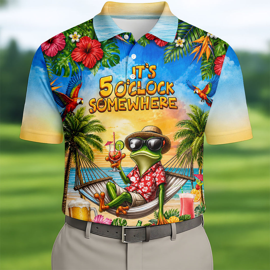 Funny Tropical Frog Drinking Hawaiian Golf Shirt, Mens Golf Polo, Printed Golf Shirts