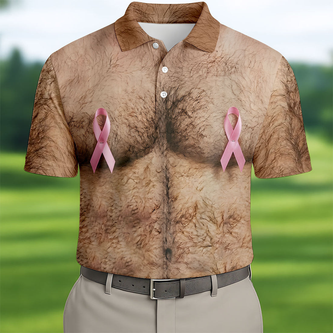 Pink Ribbon Hairy Chest Breast Cancer Golf Shirt, Mens Golf Polo, Golf Apparel For Men