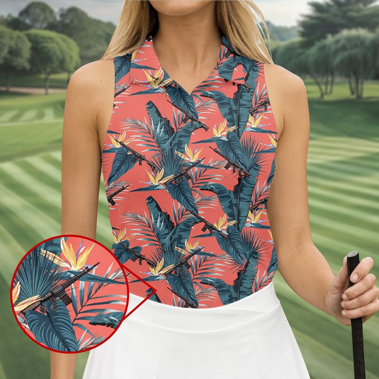 Tropical Palm Leaf And Rifle Pattern Coral Golf Polo, Women’s Golf Apparel, Performance Golf Shirt