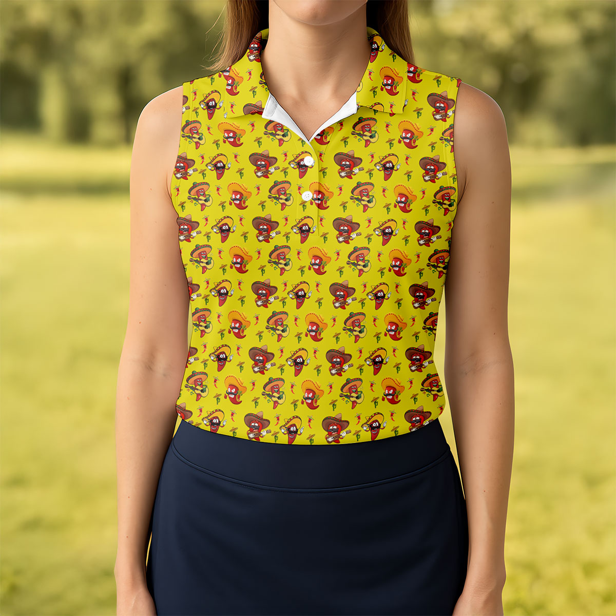 Cartoon Chili Pepper Mexican Sombrero Cinco De Mayo Celebration Fiesta Themed Golf Shirt For Women