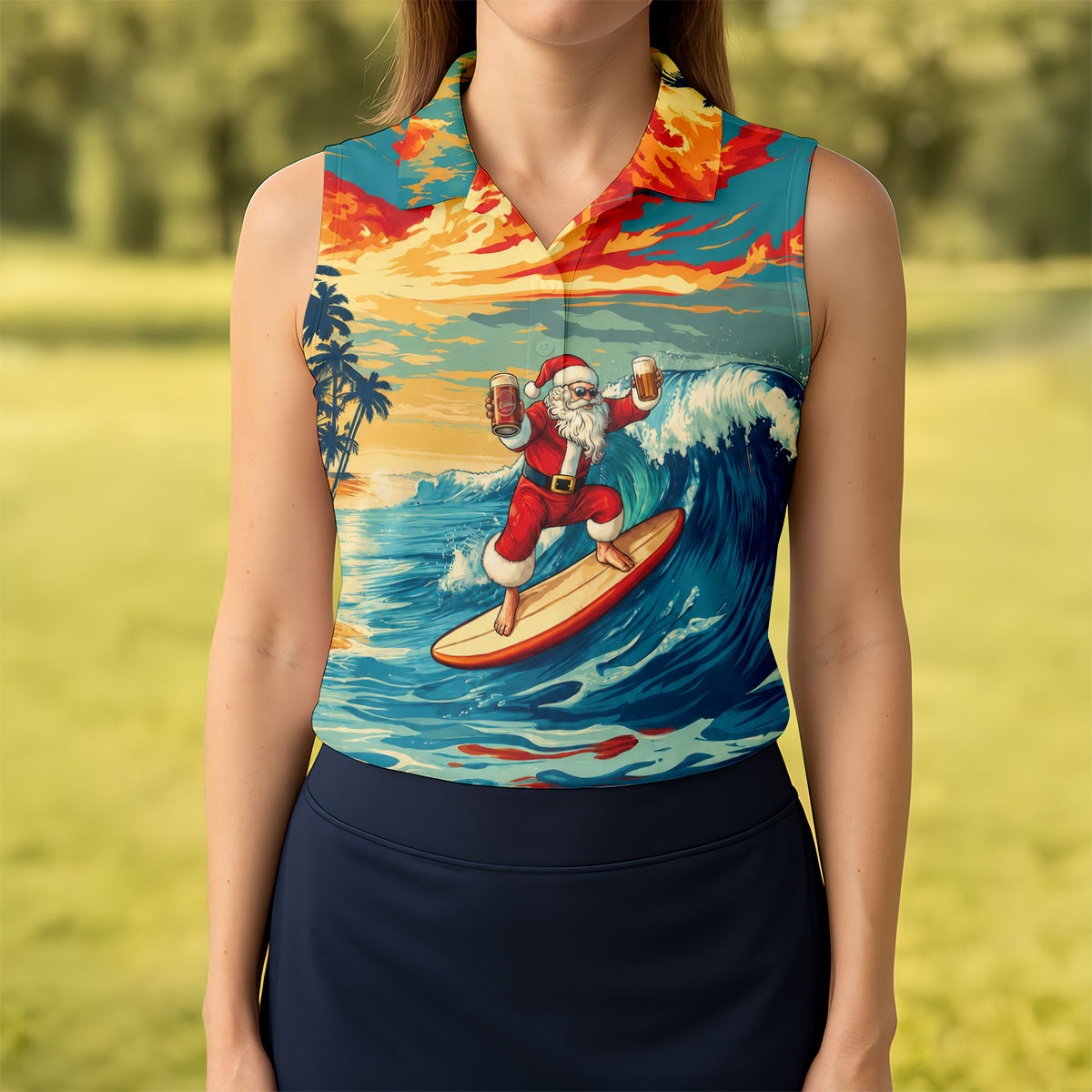 Tropical Surfing Santa Sunset Christmas Golf Shirt, Women's Golf Tops, Hawaiian Golf Shirt