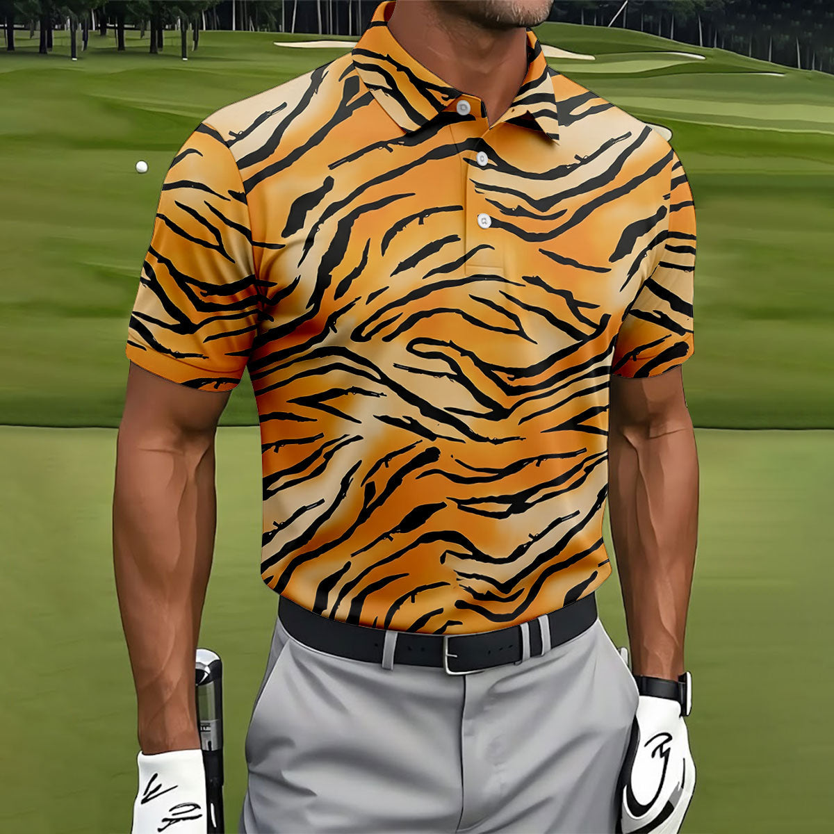 Tiger Stripe Pattern Hawaiian Golf Shirt, Men's Funny Golf Shirts, Golf Shirts For Men