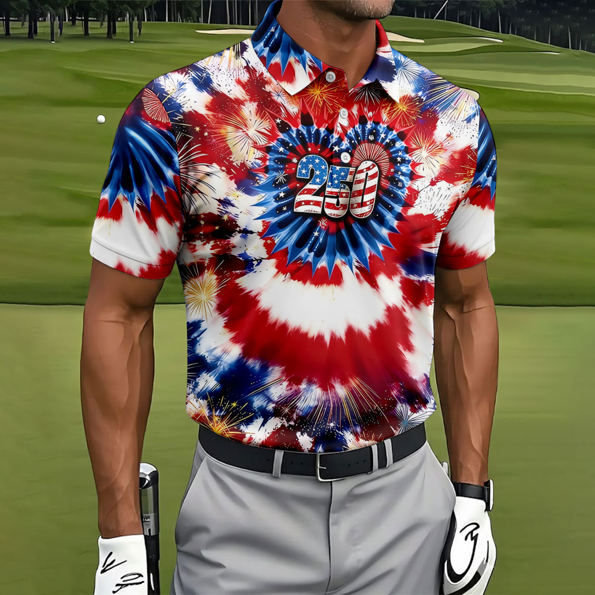250 Years Red White Blue Tie Dye Print Patriotic Golf Shirt, 4th Of July Golf Shirts For Men