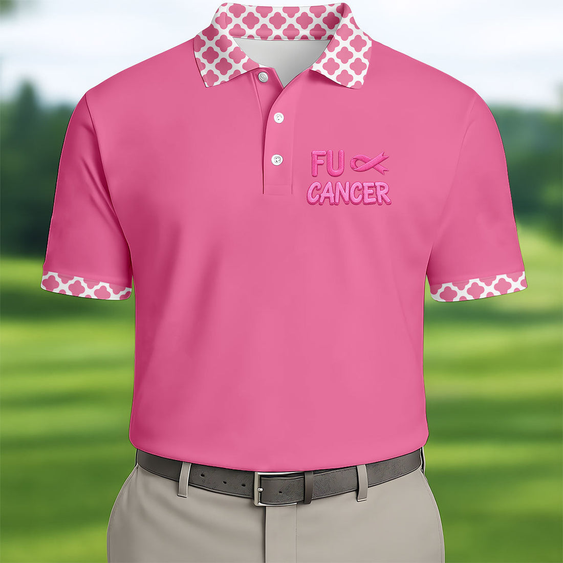 Pink F Cancer Skeleton Middle Finger Breast Cancer Polo Shirt, Men's Golf Shirt, Printed Golf Shirts