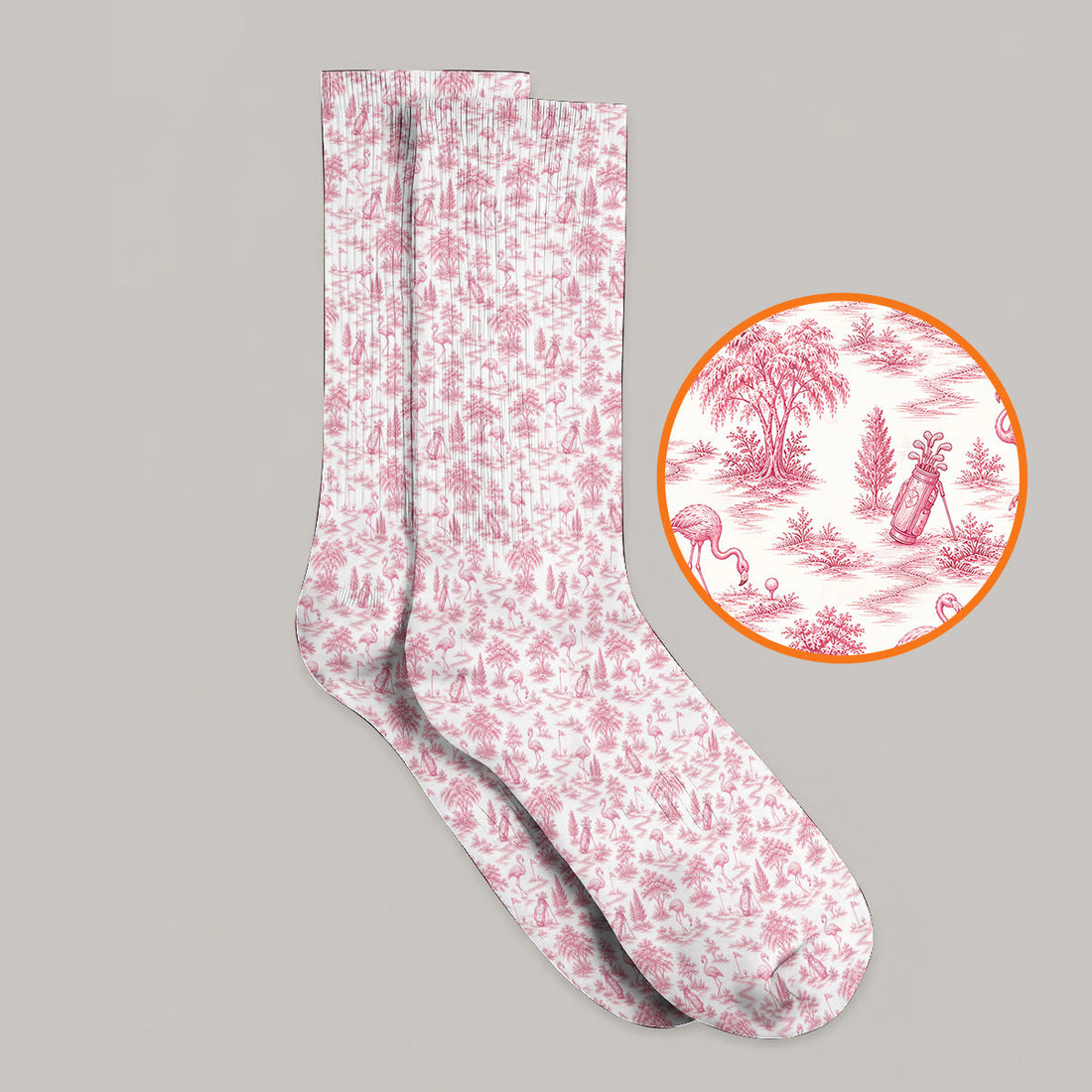 Toile De Jouy Flamingo Golf Crew Sock, Crazy Pink Golf Socks, Golf Gift For Golfer
