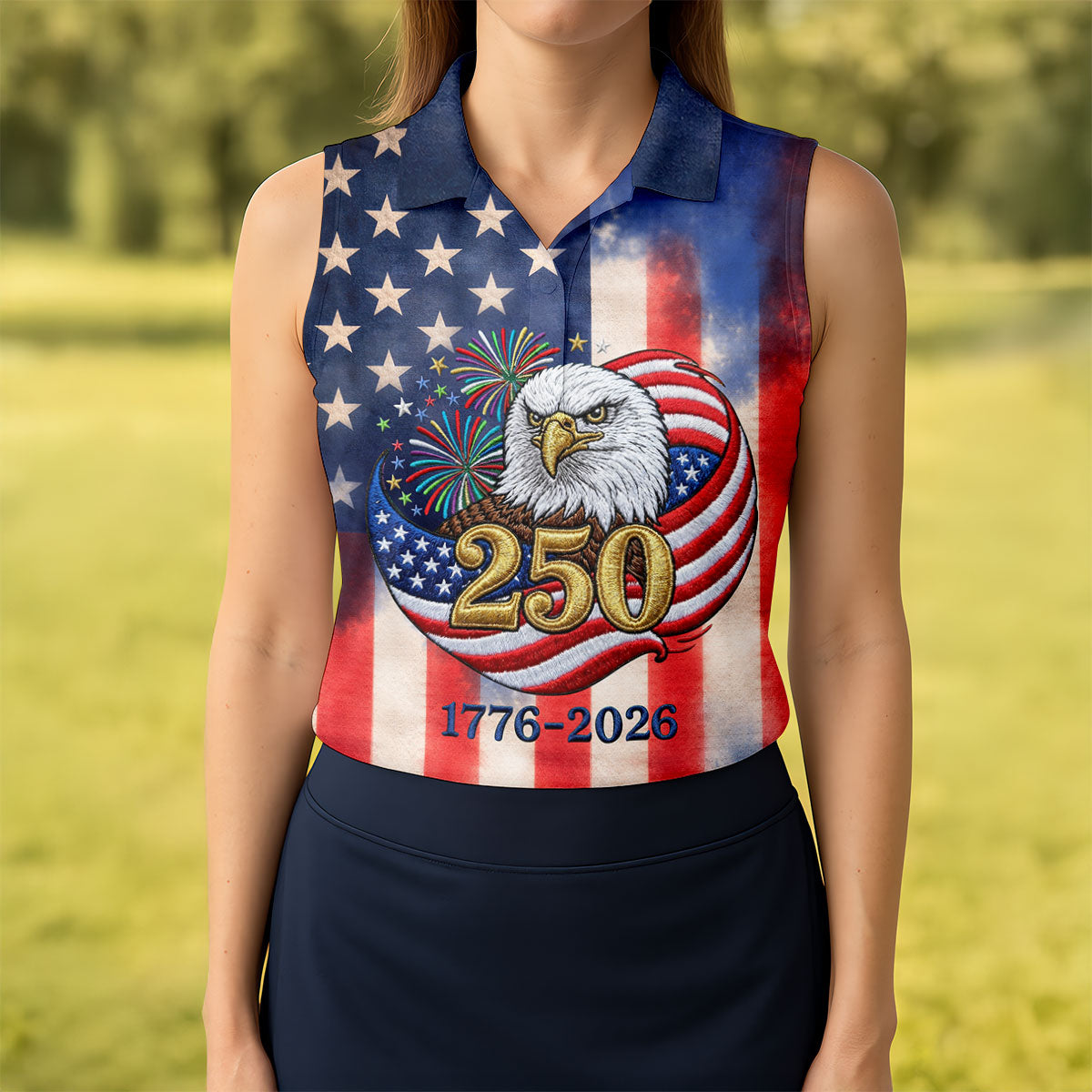 250 Years Bald Eagle US Flag Faded Color Retro Golf Shirt, Patriotic 4th Of July Golf Shirt For Women