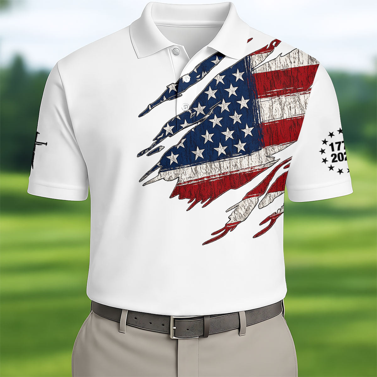 250th Anniversary Faith Cross Distressed USA Flag 4th Of July Golf Shirt, Patriotic Golf Shirt, Polo For Men