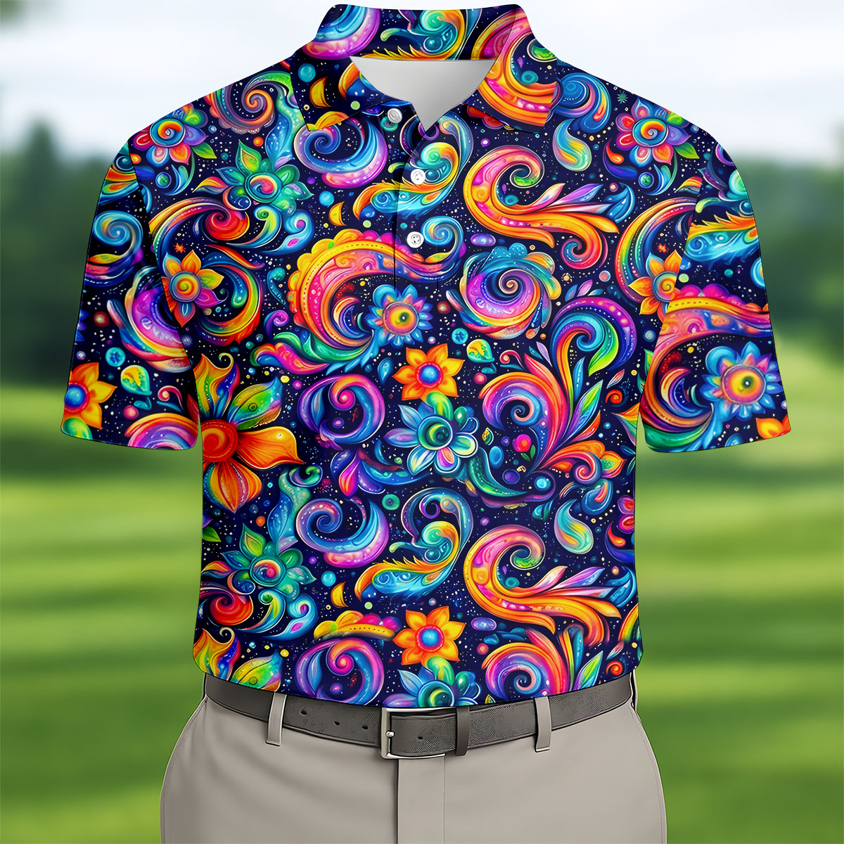 Colorful Psychedelic Swirl Floral Hawaiian Golf Shirt, Mens Golf Shirts, Golf Apparel For Men