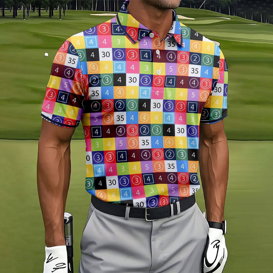 Colorful Golf Scorecard Pattern Polo Shirt, Golf Apparel For Men, Mens Golf Polo