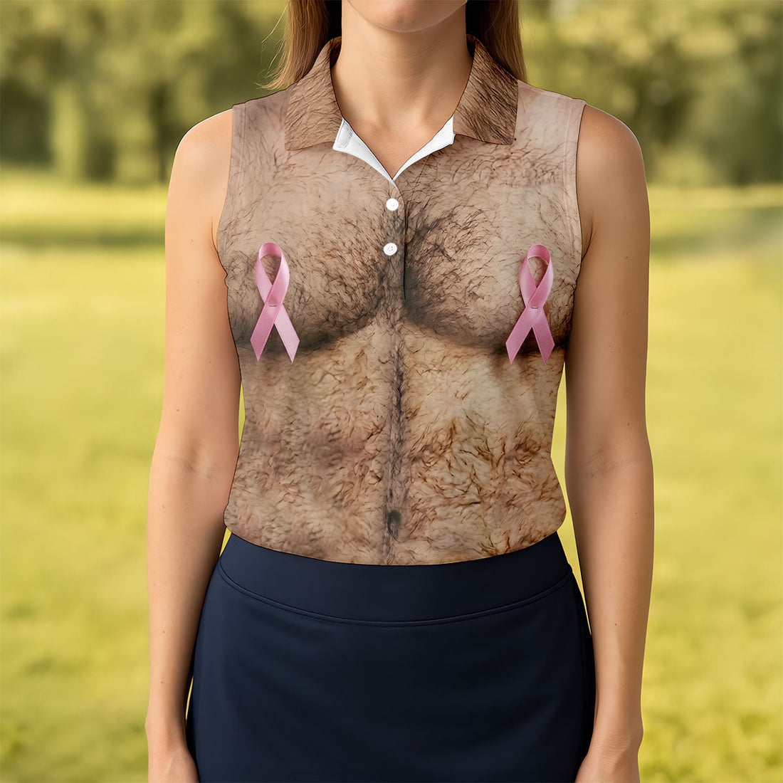 Pink Ribbon Hairy Chest Breast Cancer Golf Shirt, Women’s Golf Polo, Golf Shirts For Women