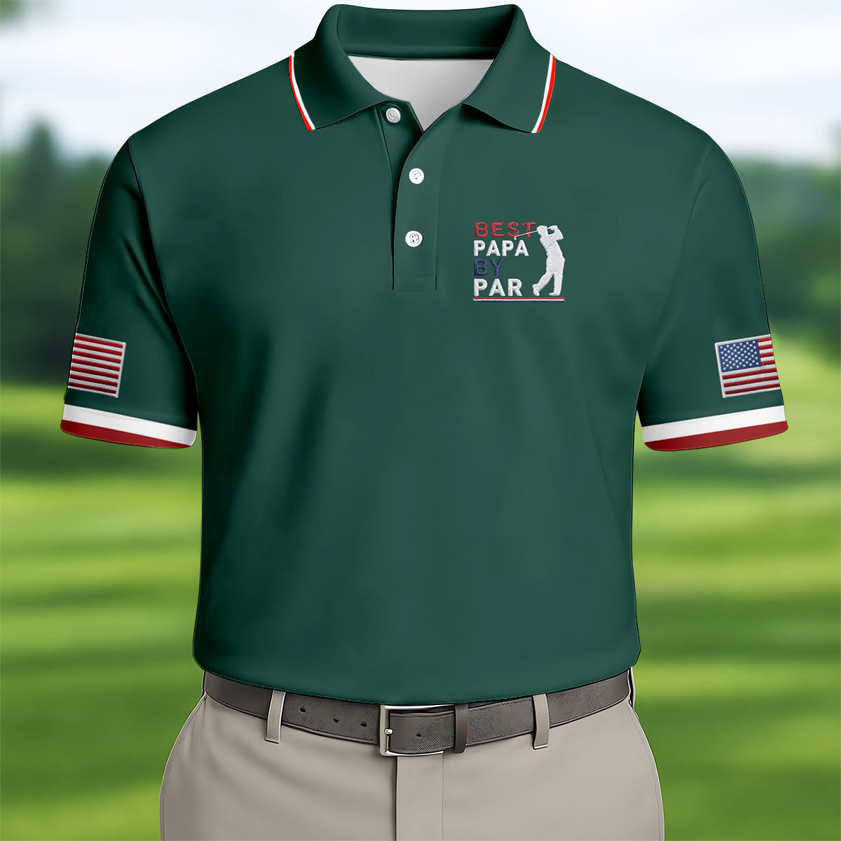 Green Best Papa By Par Embroidered Golf Polo Shirt, Golf Shirts For Men, Printed Golf Shirts