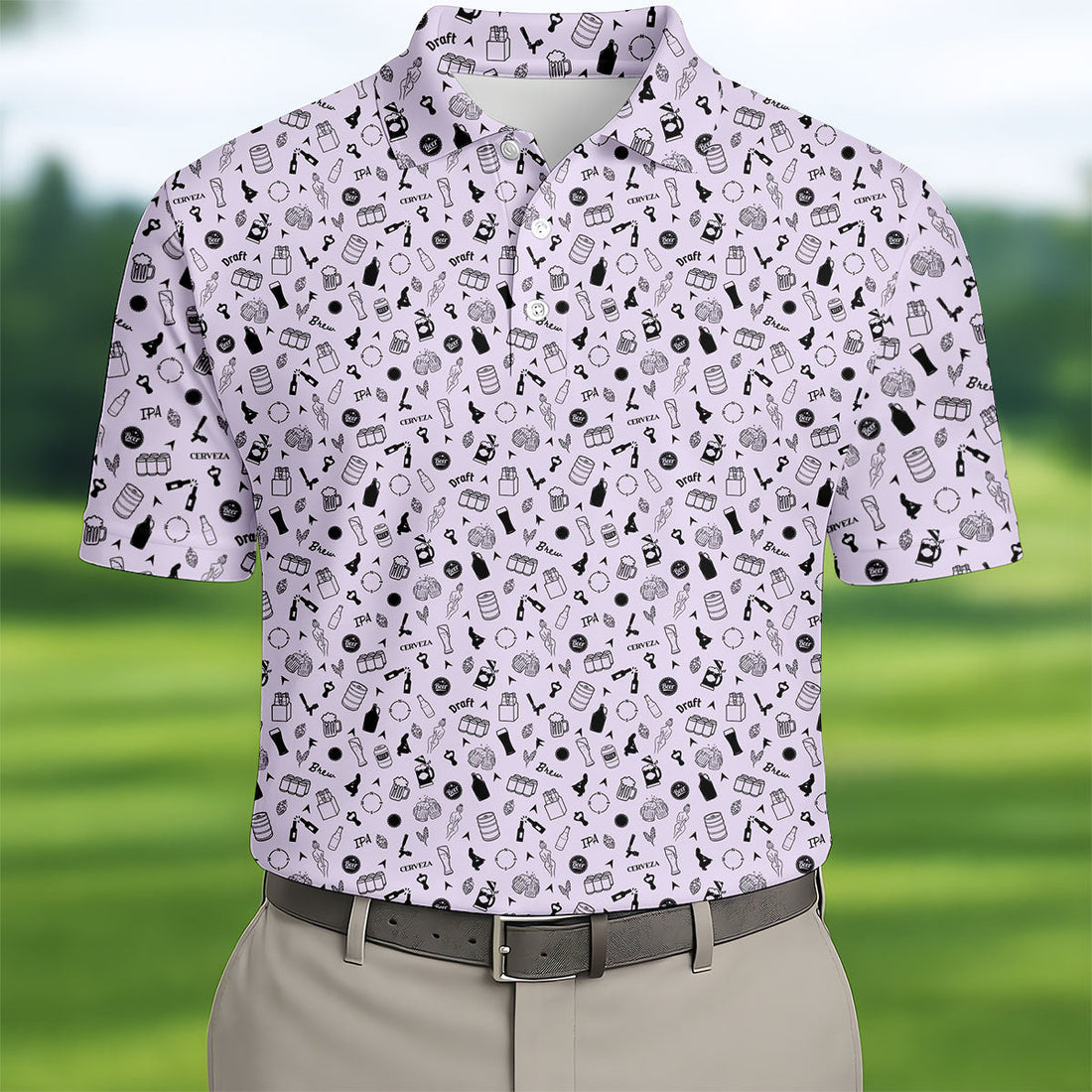 Light Purple Beer Brewing Icons Pattern Polo Shirt, Golf Apparel For Men, Printed Golf Shirts