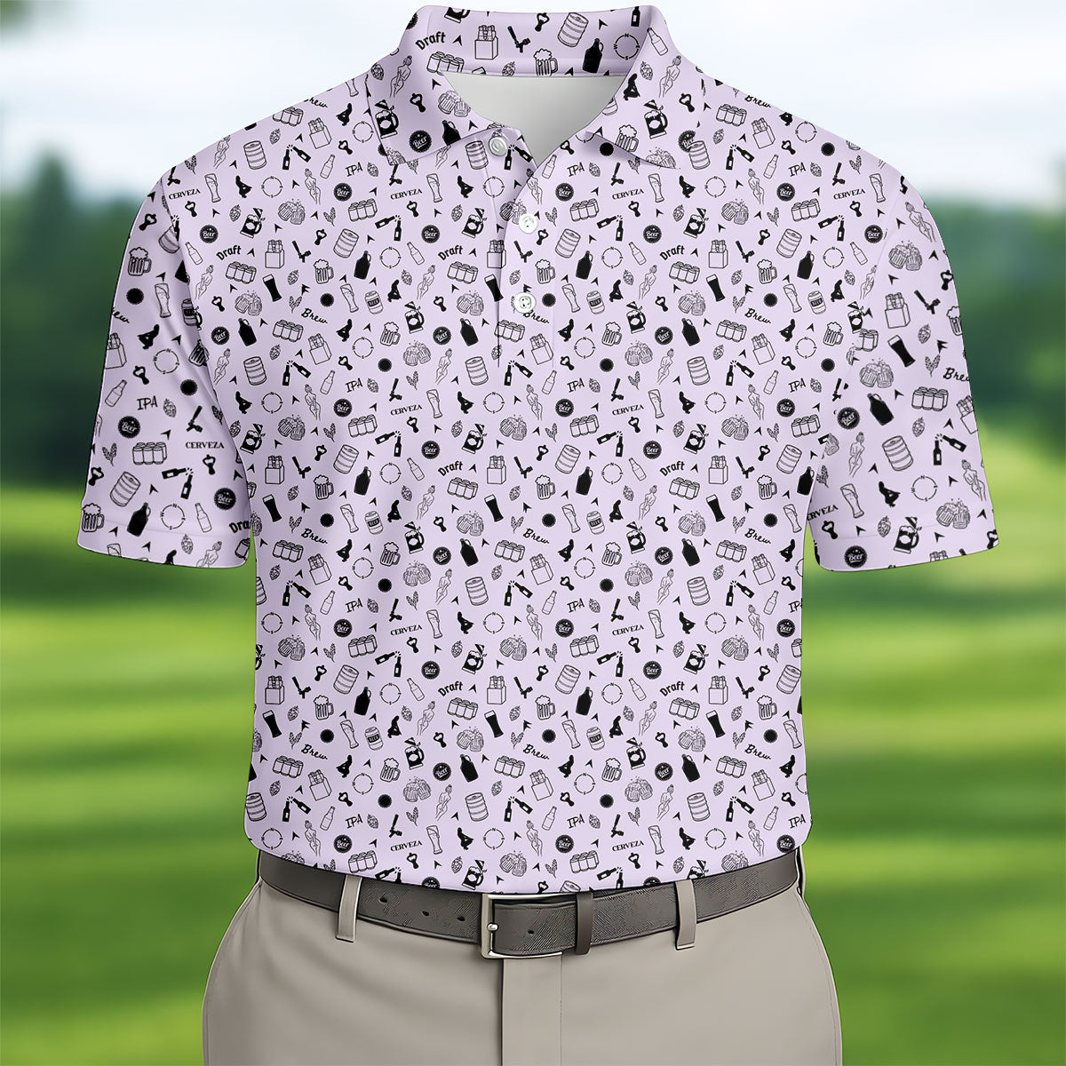 Light Purple Beer Brewing Icons Pattern Polo Shirt, Golf Apparel For Men, Printed Golf Shirts