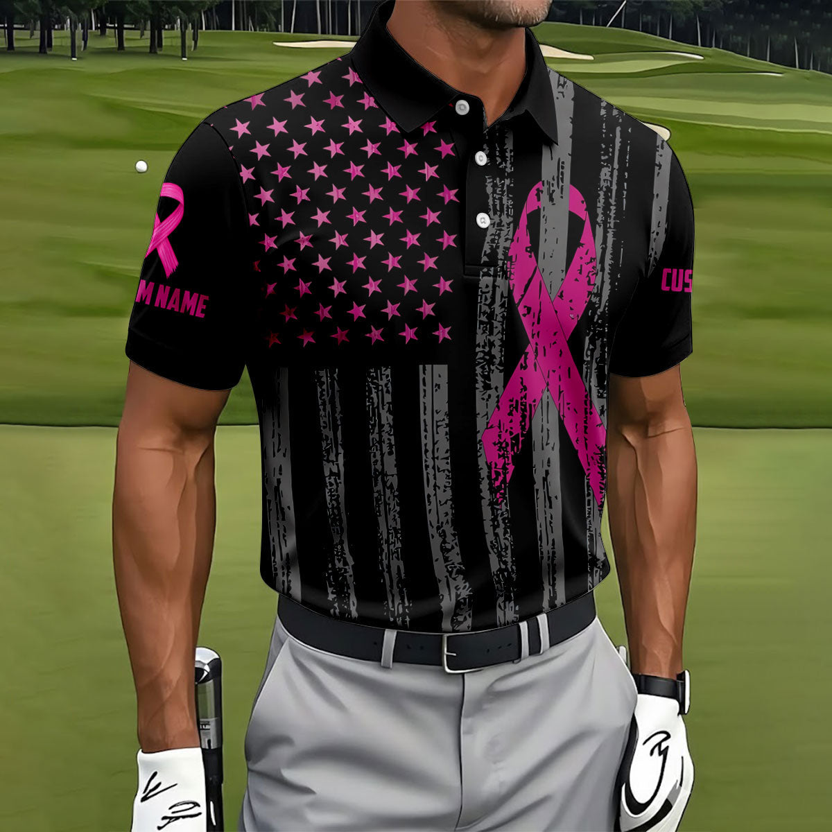 Custom Proud Pink Supporter Breast Cancer Men Polo Shirt, Mens Golf Polo, Awareness Golf Shirts