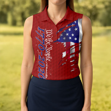 We The People Distressed American Flag Red Golf Shirt, 4th Of July Golf Shirt For Women